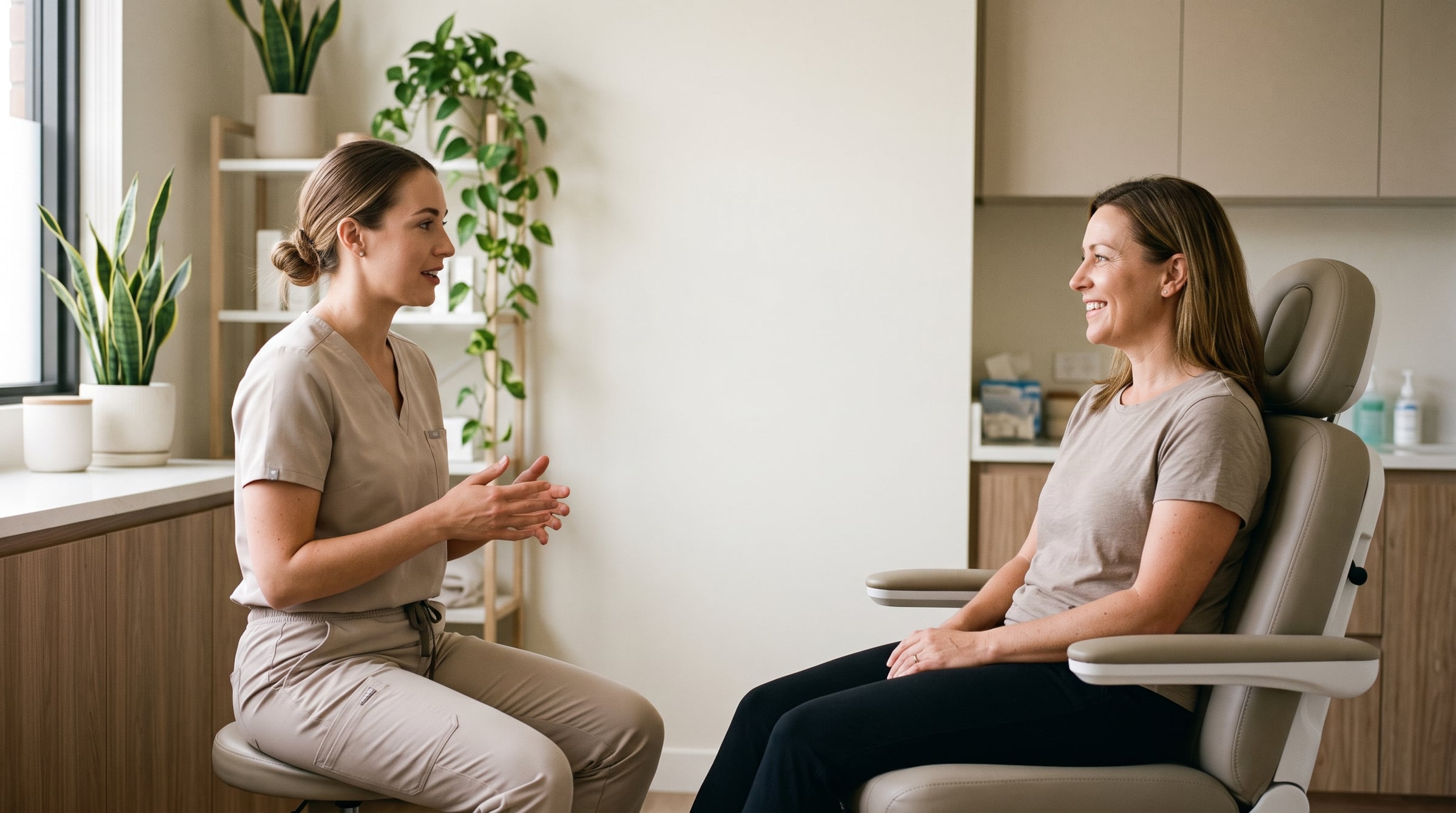 A skin clinic practitioner with a client